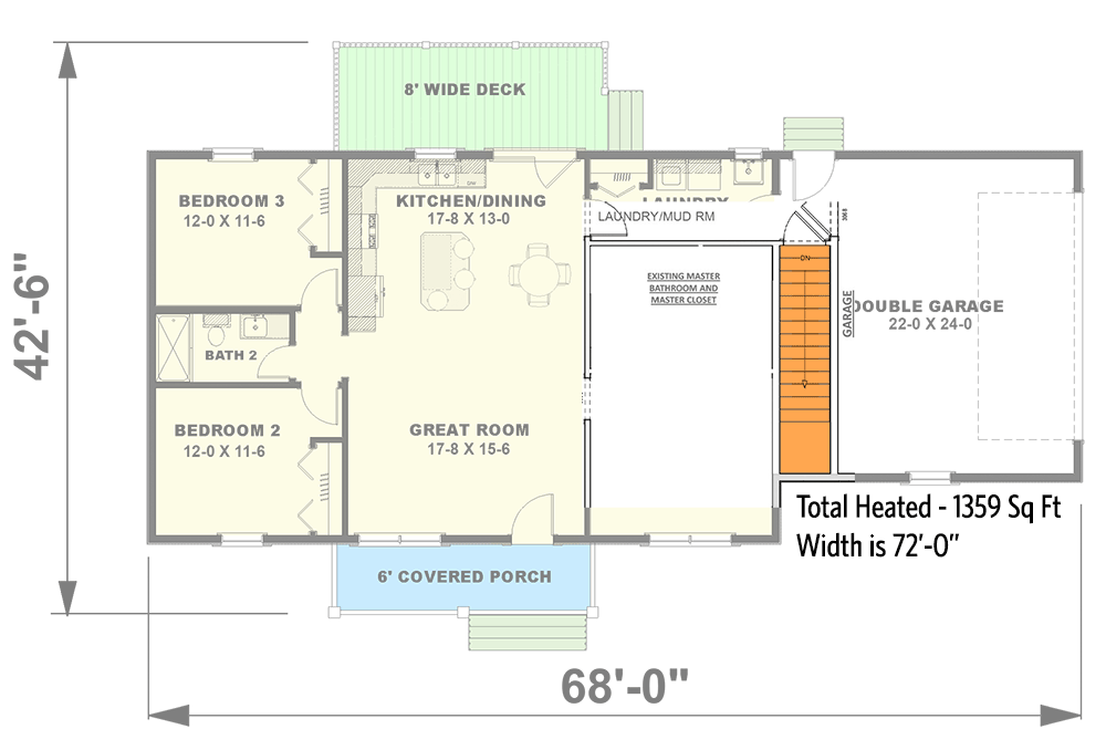 Plan 25029DH: 3-Bed One Story Country Home Plan with No Wasted Space and a Side-Entry Garage - Floor Plan - Basement Stairs Locaiton - Country, Craftsman, Ranch, Rustic