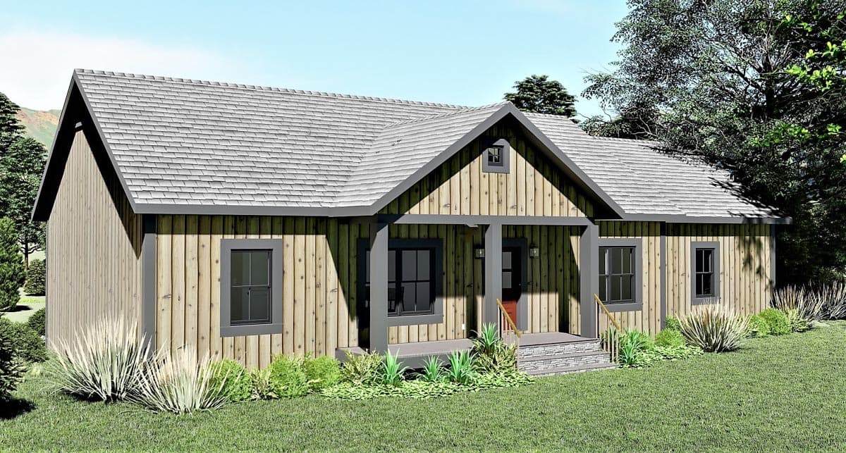 House plan exterior: One-story Craftsman style with a prominent gable, covered front porch with columns, and vertical wood siding.