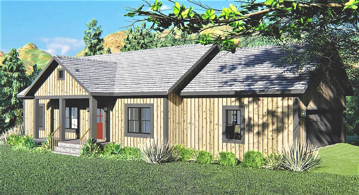 House plan exterior: One-story Modern Farmhouse with covered front porch, vertical wood siding, and attached garage.