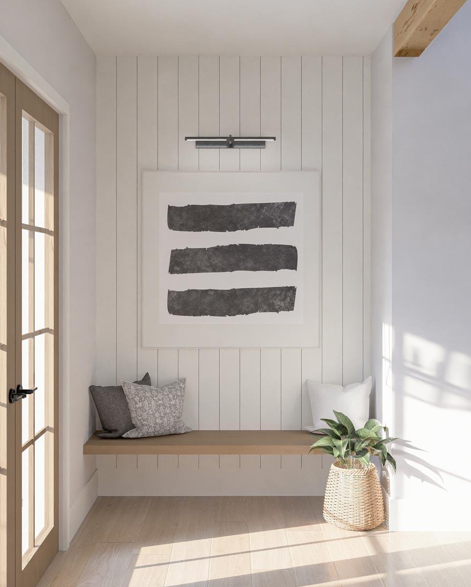 Interior rendering of a mudroom with shiplap walls, a wooden bench, accent pillows, artwork, and a plant.