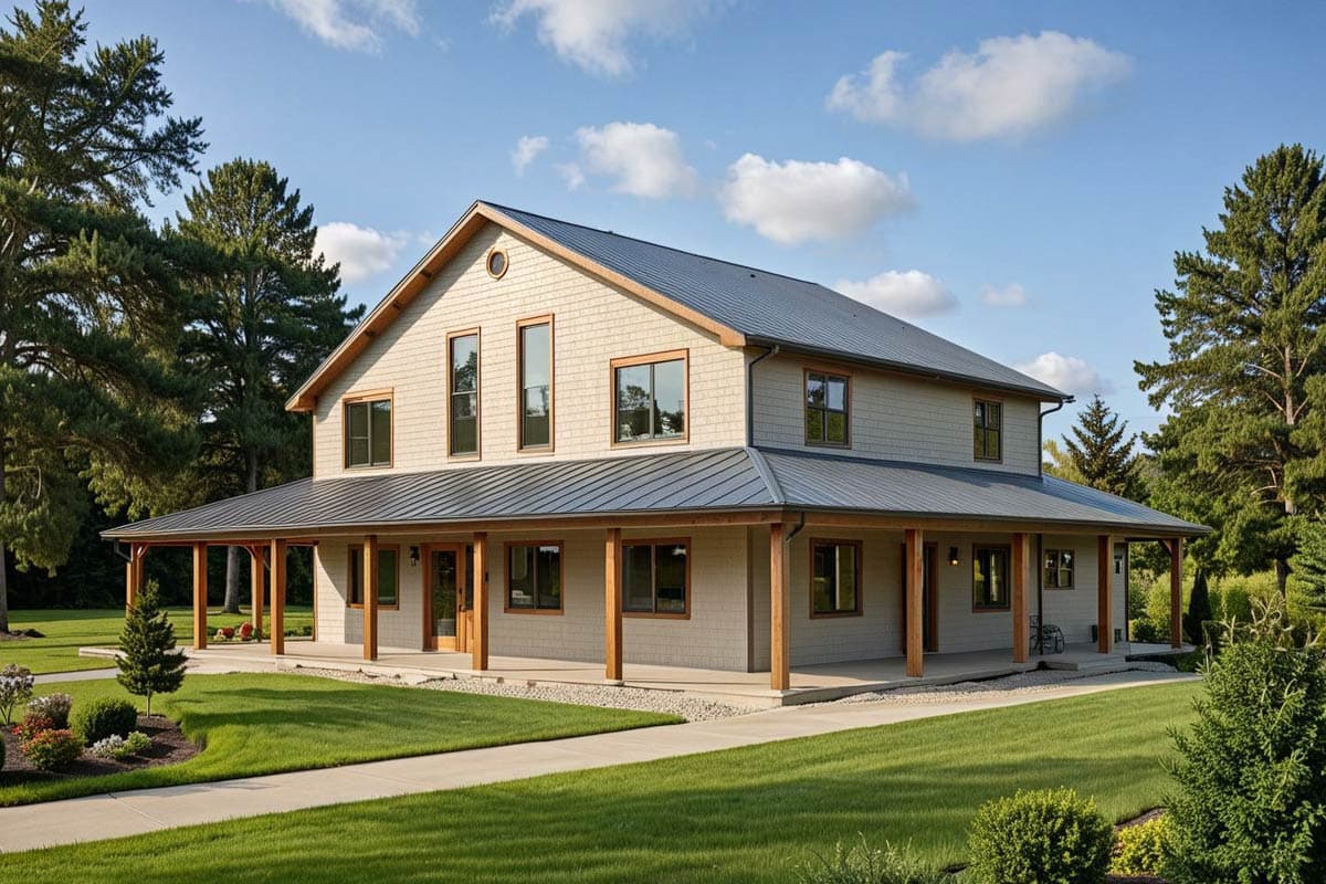 Two-story house plan exterior with a wide wrap-around porch, gabled roof, and multiple dormers.