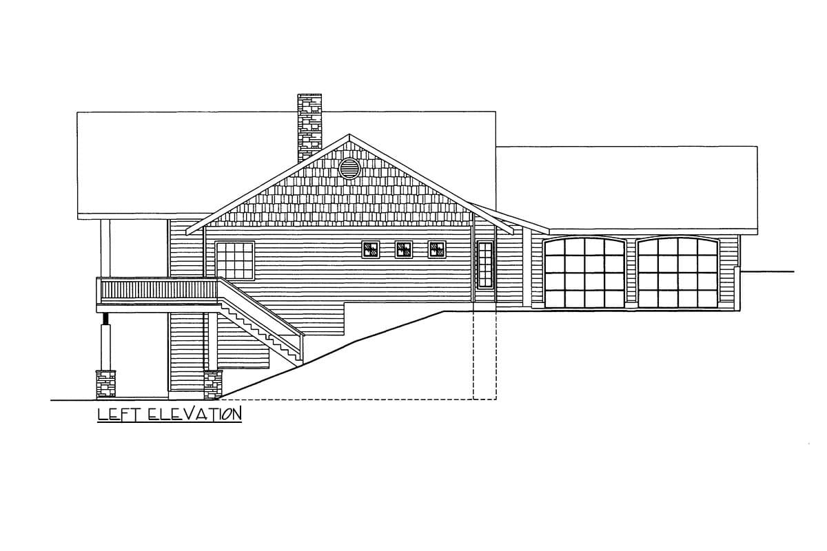 Left elevation house plan with a gable roof, prominent chimney, deck, and attached two-car garage.