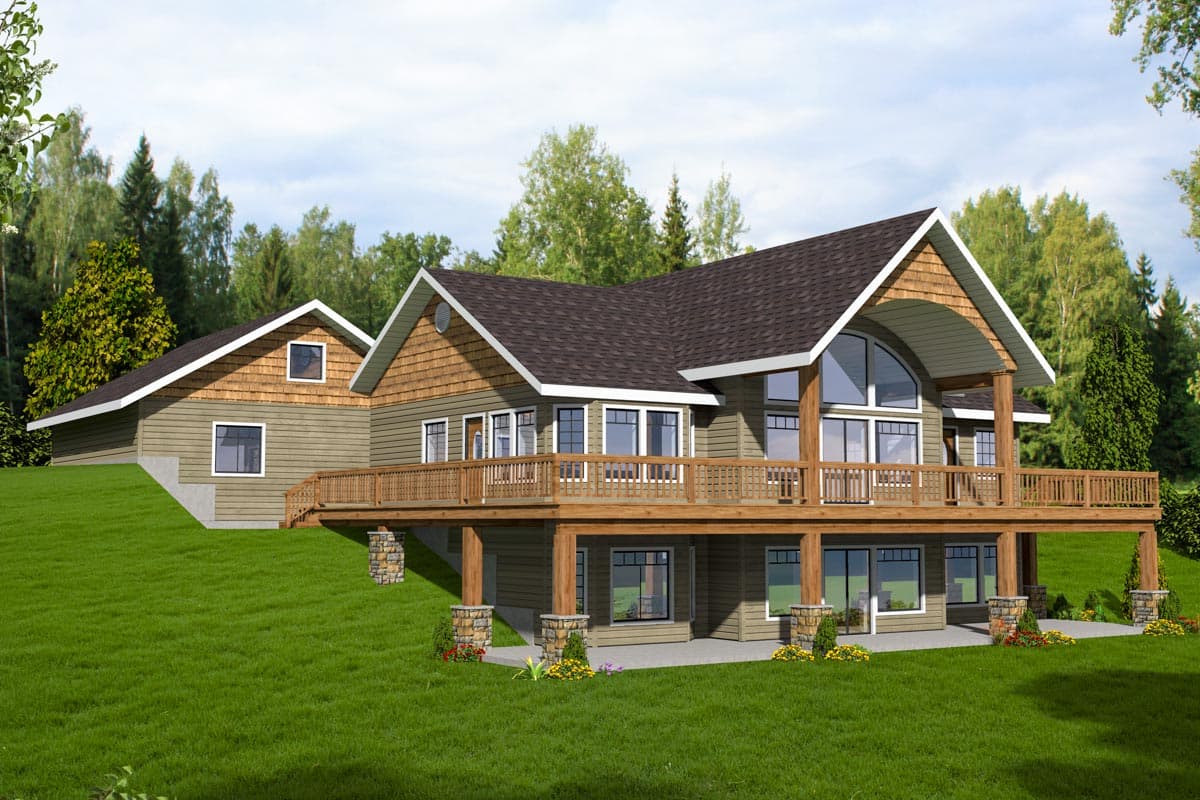 House plan exterior rendering: Wood-sided home with large deck, gabled roof, dormer, and multiple windows.