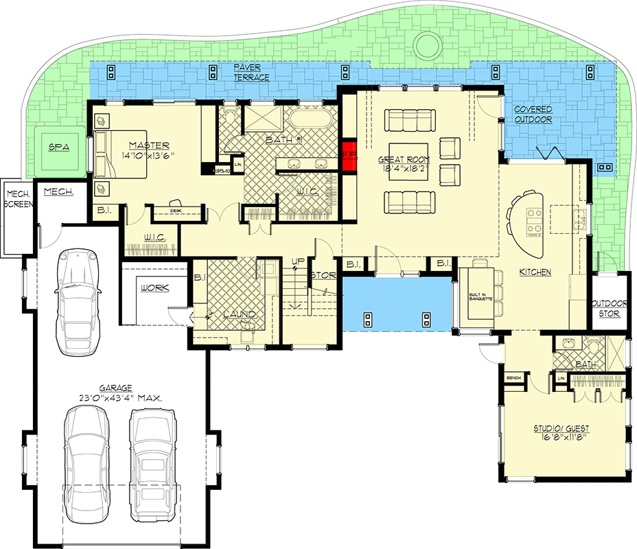 Plan 54246HU: Modern Mountain Home Plan Under 3000 Square Feet with Tandem 3-Car Garage - Floor Plan - Main Level - Contemporary, Craftsman, Modern, Prairie, Ranch