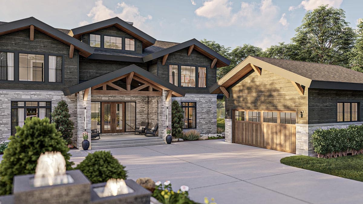 House plan exterior with stone accents, wood siding, covered entryway with timber beams, and a detached garage with wood doors.