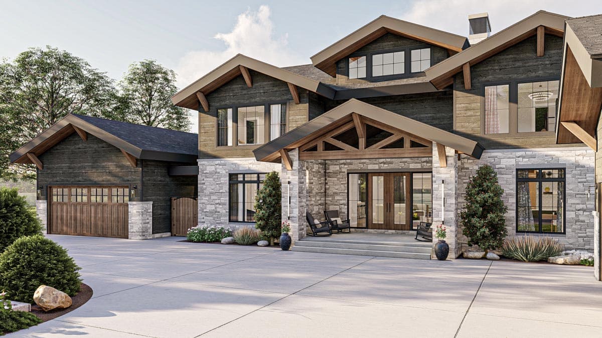 House plan exterior: Modern Craftsman style, two stories, stone accents, gabled rooflines, covered entry, and attached three-car garage.