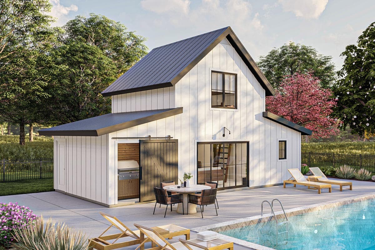 Modern Farmhouse house plan exterior with vertical siding, a gable roof, large windows, and an attached outdoor kitchen.