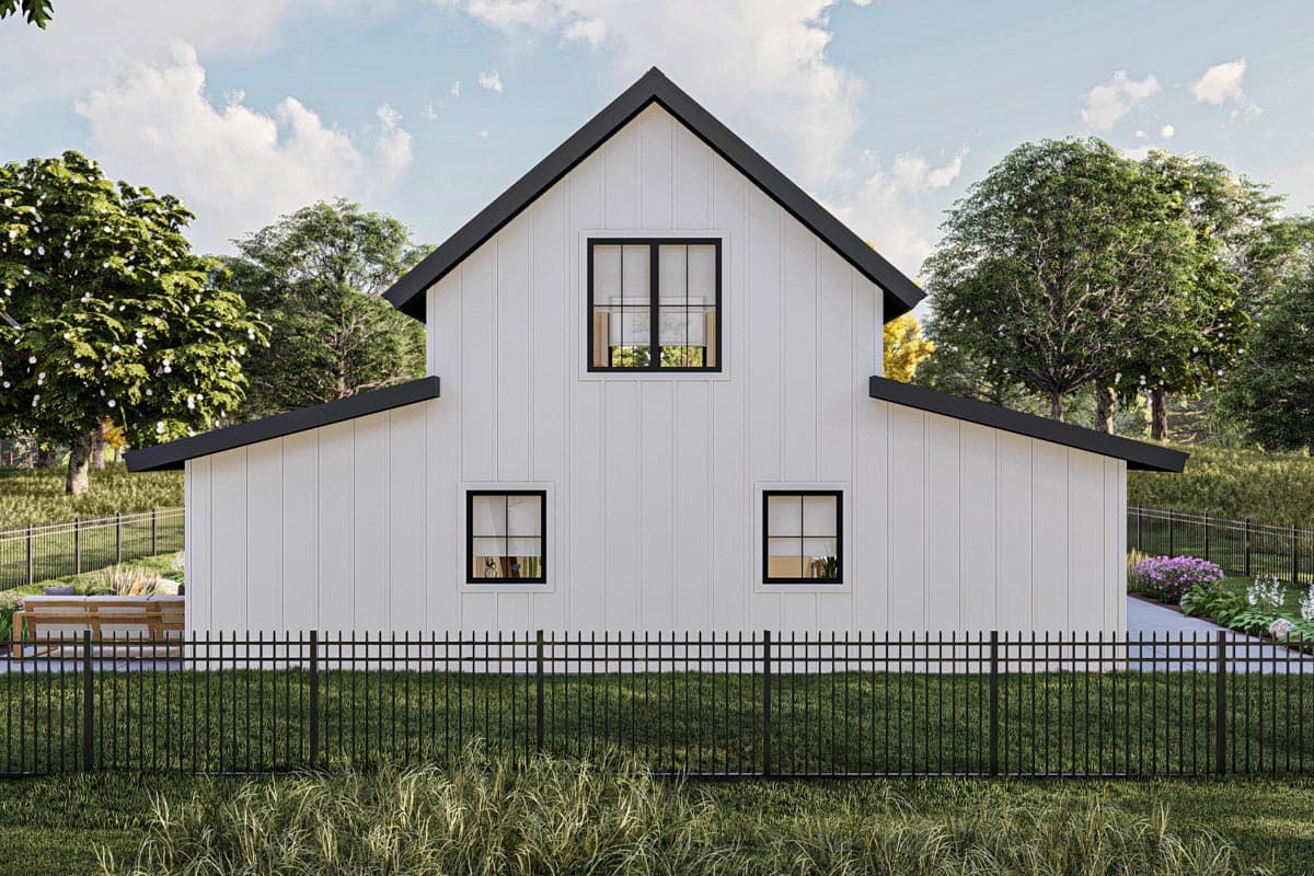 Modern Farmhouse house plan exterior with white board-and-batten siding, a gable roof, and black-trimmed windows.