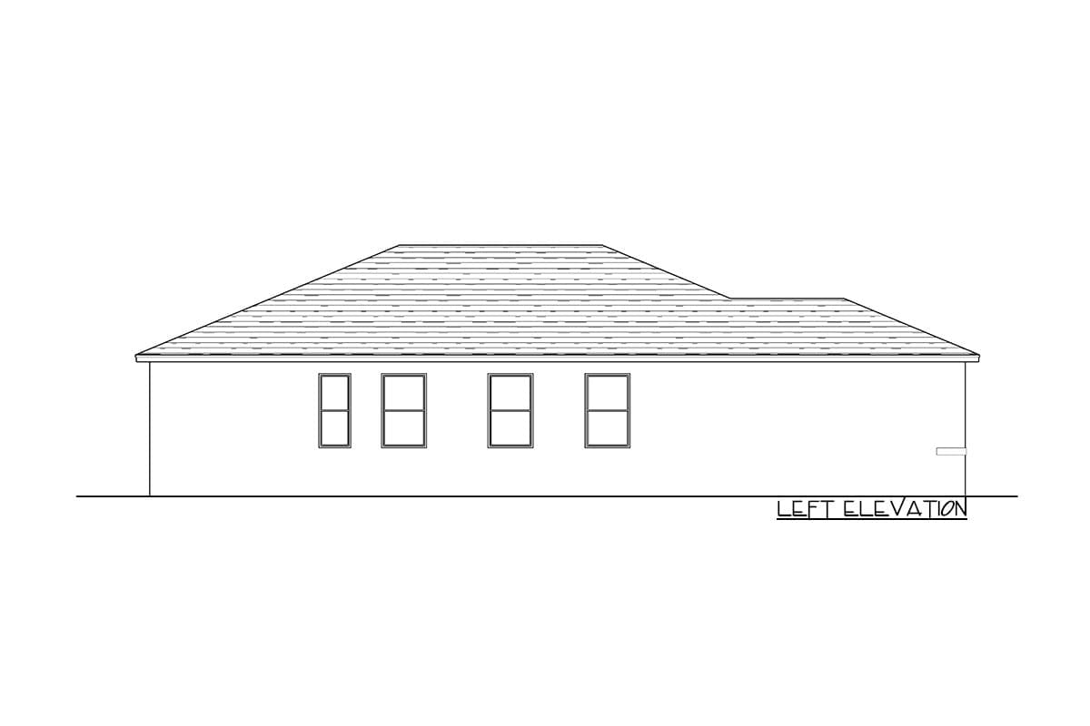 Left elevation drawing of a house plan with a hip roof and four windows on the left side.