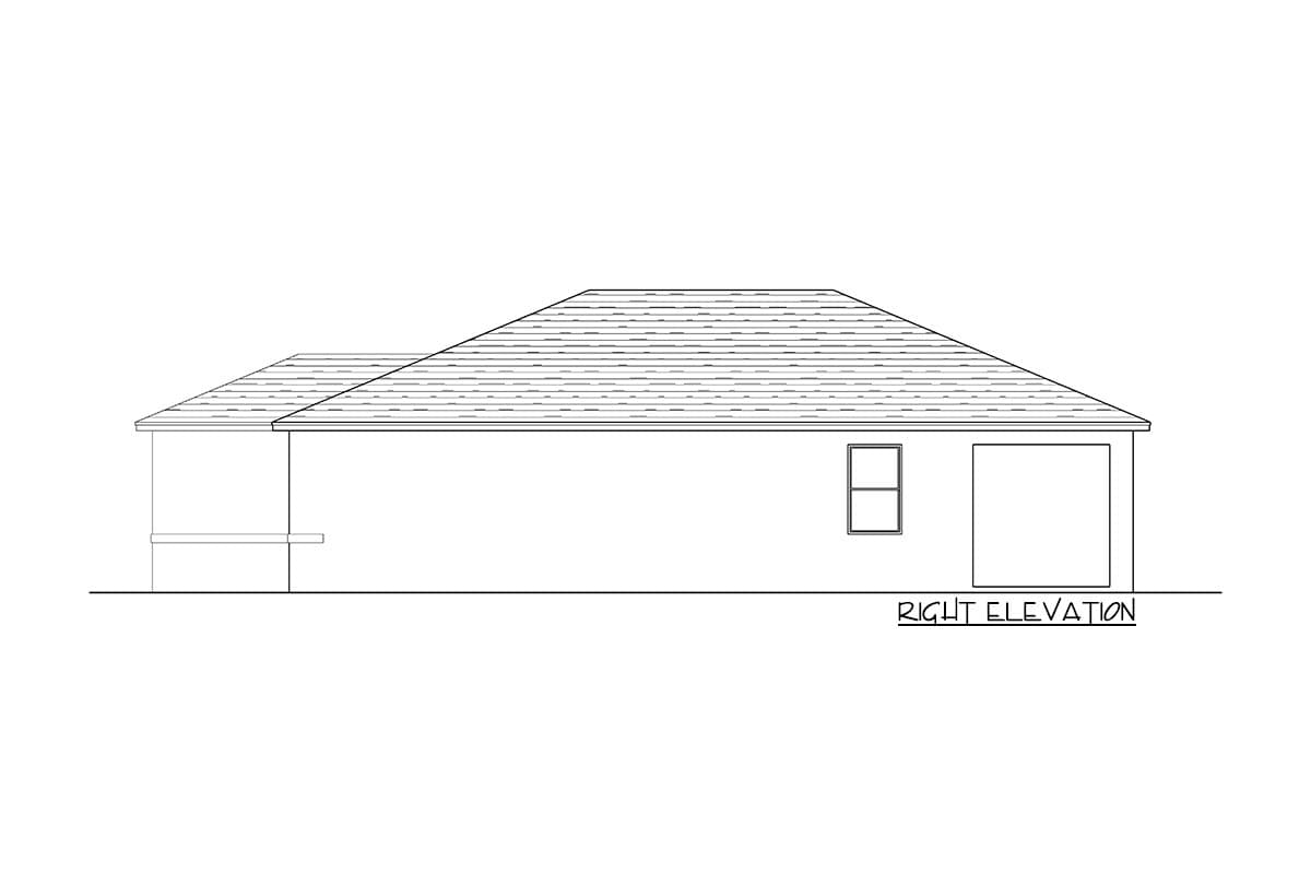 Right elevation drawing of a single-story house with a covered porch and attached garage.