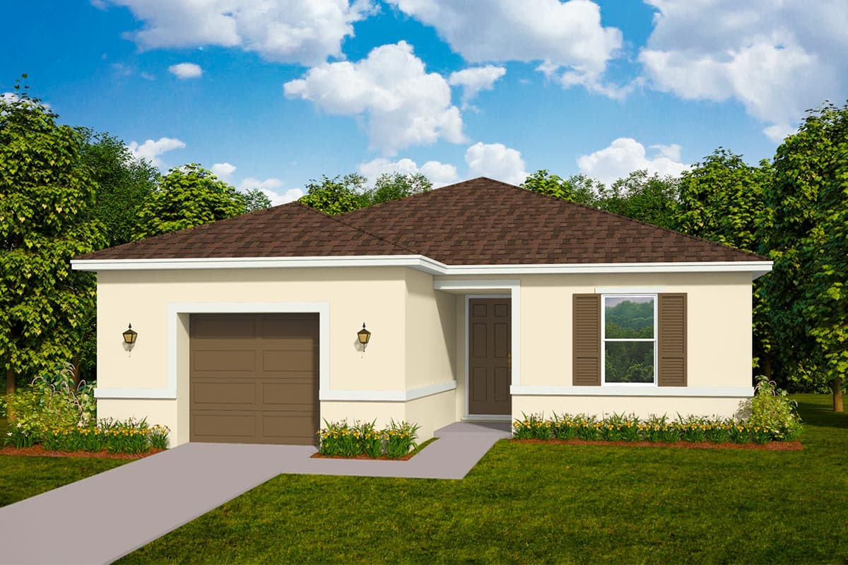 House plan exterior with a single story, garage, and gabled roof. Features include a front entry door and window with shutters.