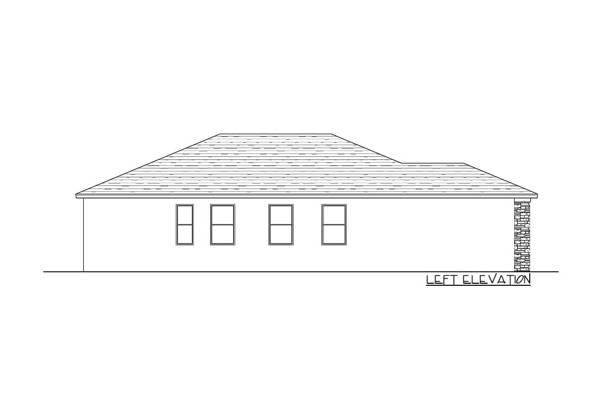 Left elevation drawing of a house plan with a hip roofline, four windows, and a stone-clad column.