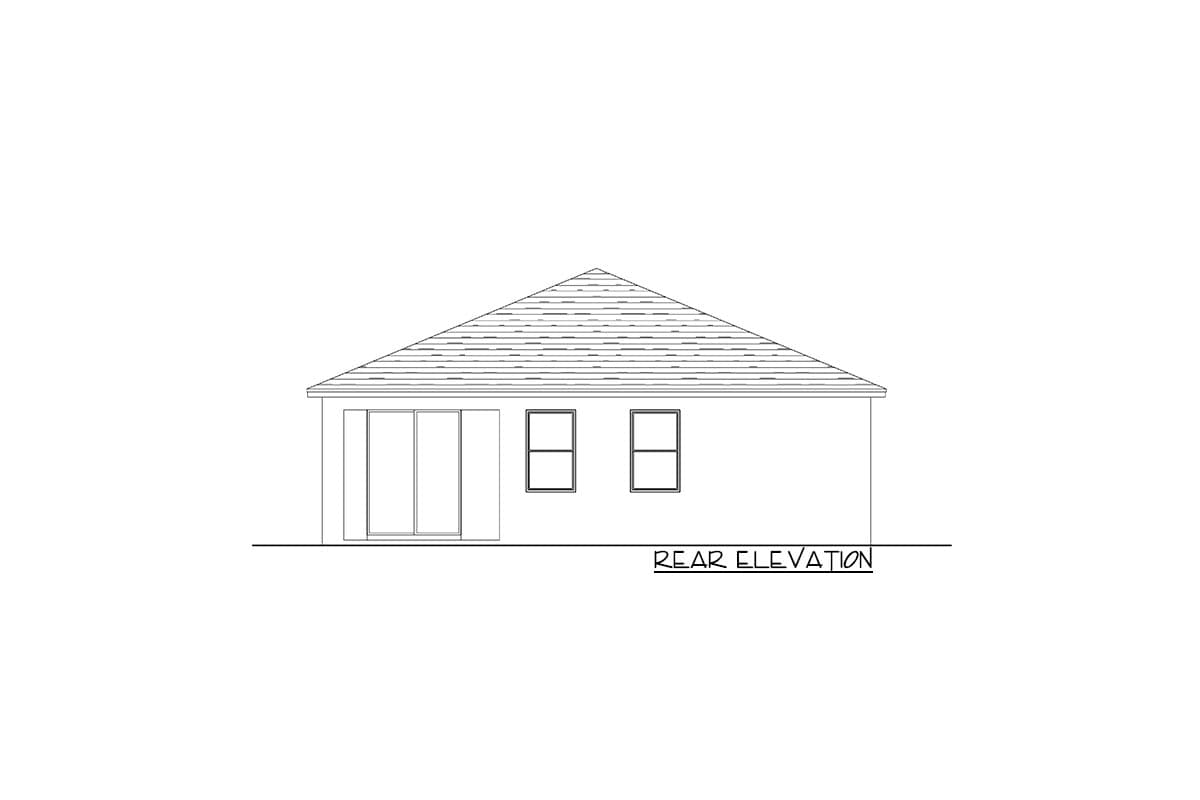 Rear elevation drawing of a house plan with a gable roof, sliding glass doors, and two windows.