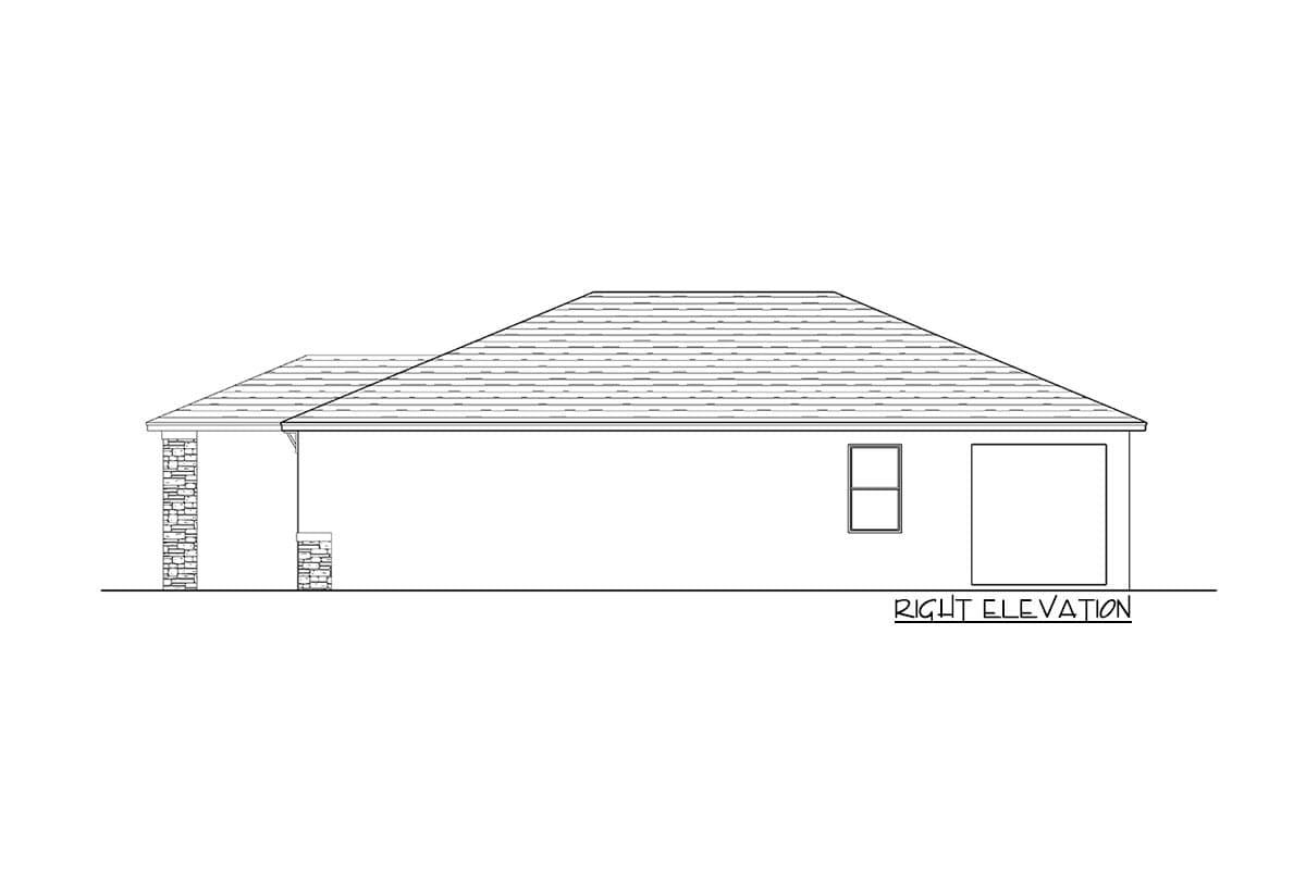 Right elevation drawing of a single-story house plan with a covered porch supported by stone pillars, a single window, and an attached garage.