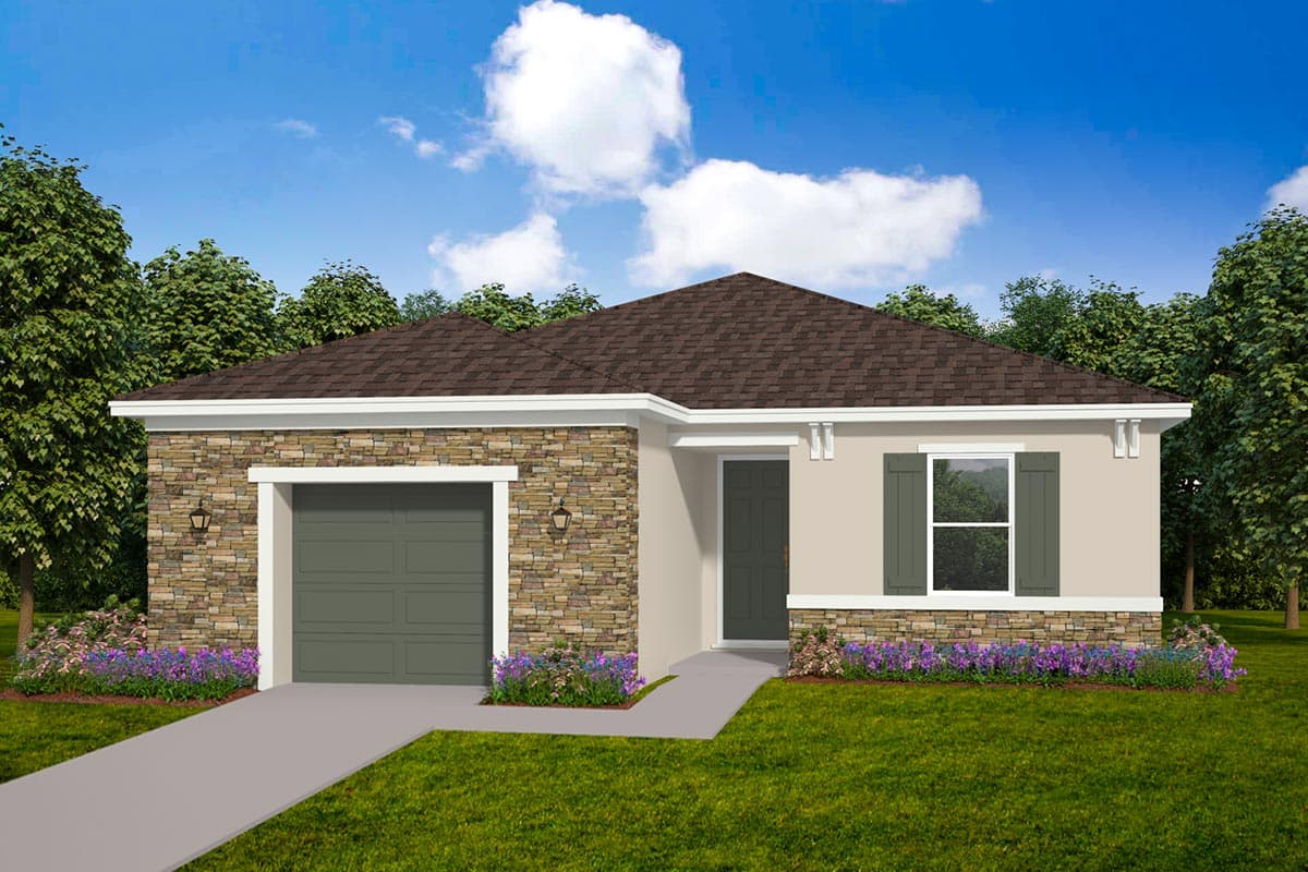 House plan exterior. Ranch style with stone facade and gable roof. Features include an attached garage, shuttered window, and a covered entry.