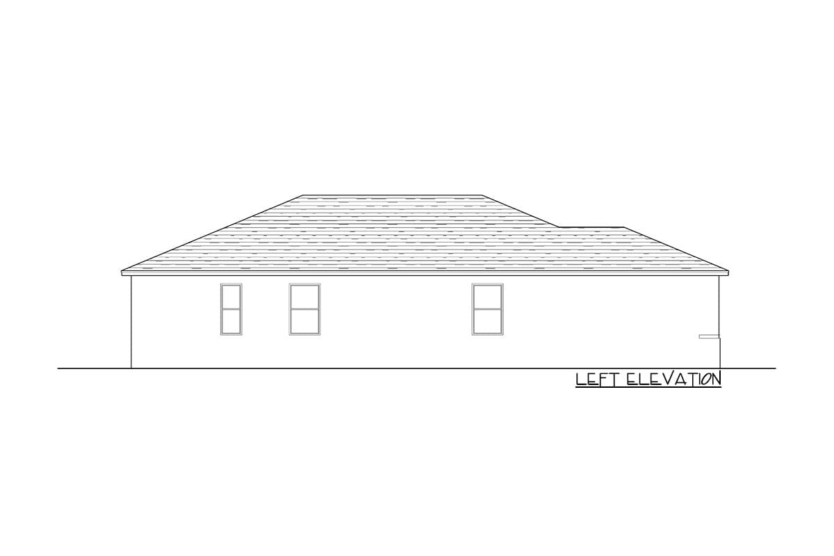 Left elevation drawing of a one-story house plan with a hip roof and three windows.