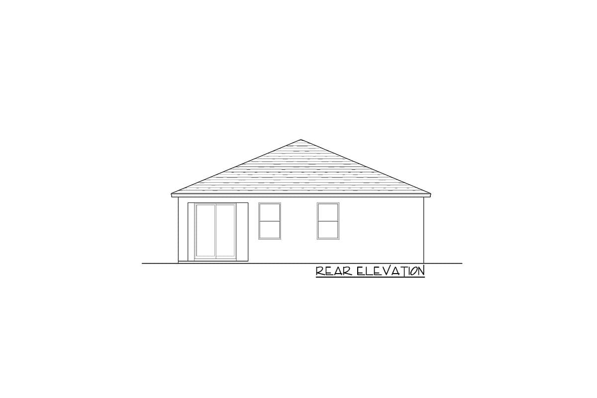 Rear elevation of a house plan showing a sliding glass door and two windows under a gabled roof.