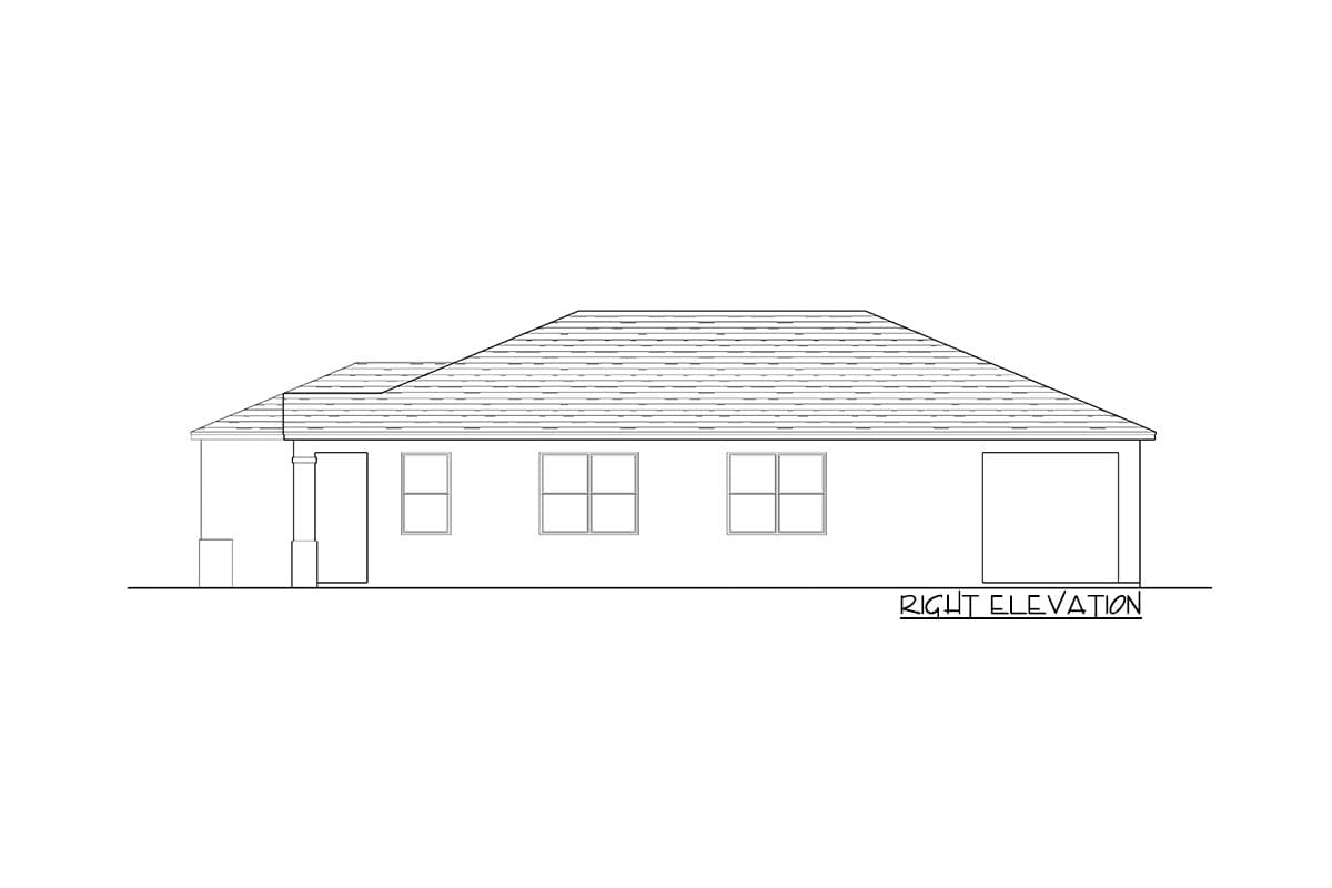 Right elevation drawing of a single-story house plan with a pitched roof, three windows, and a garage.