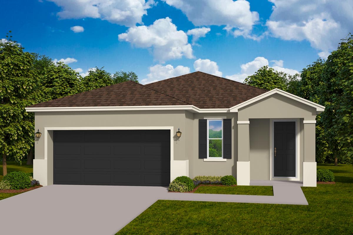 House plan exterior. Ranch style with a low-pitched roof, attached garage, and a covered entry. Features shutters and a small porch.