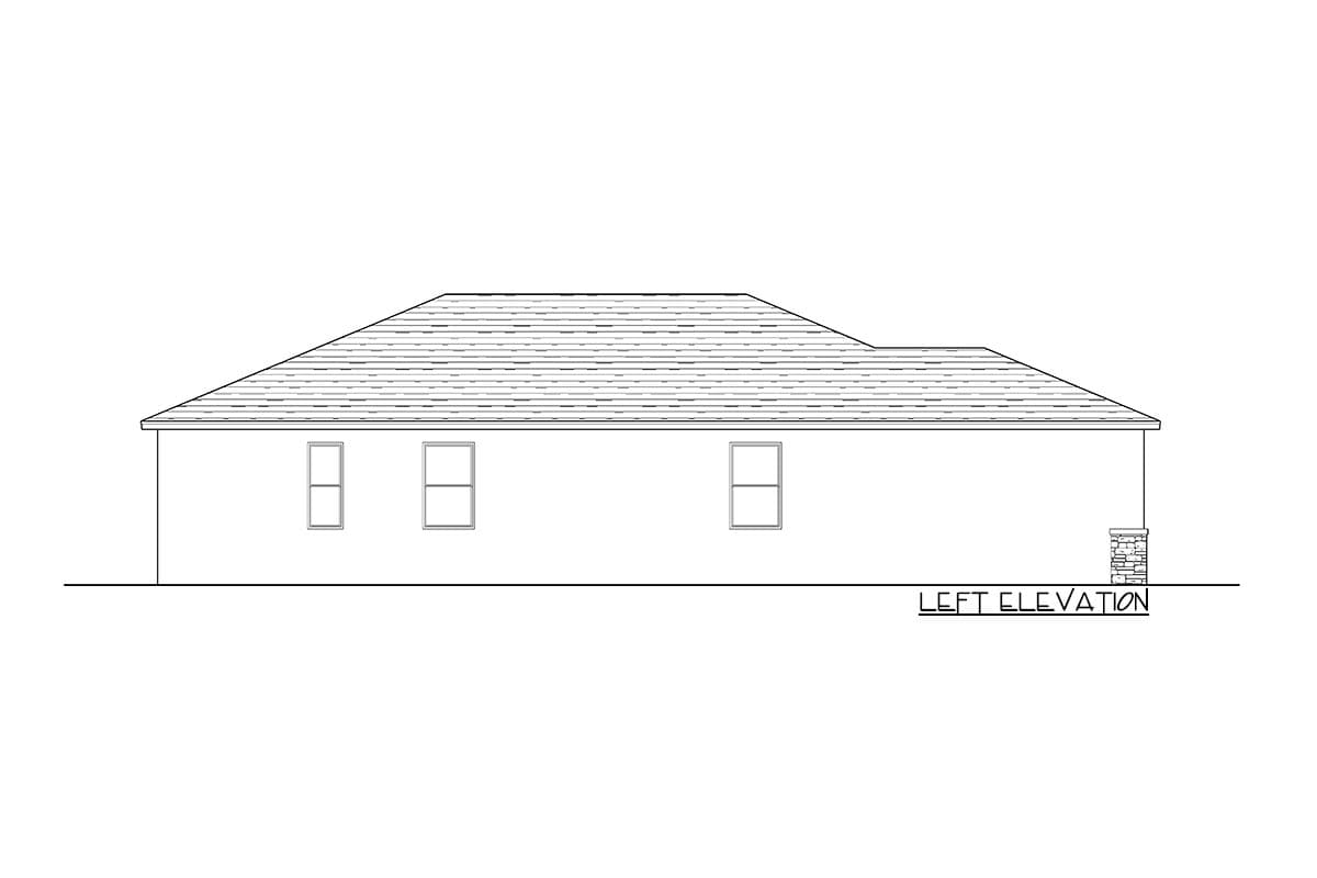 Left elevation drawing of a one-story house plan with hip roof, three windows, and a stone-clad column.