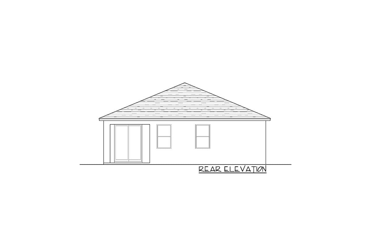 Rear elevation house plan showing a sliding glass door and two windows under a gabled roof.