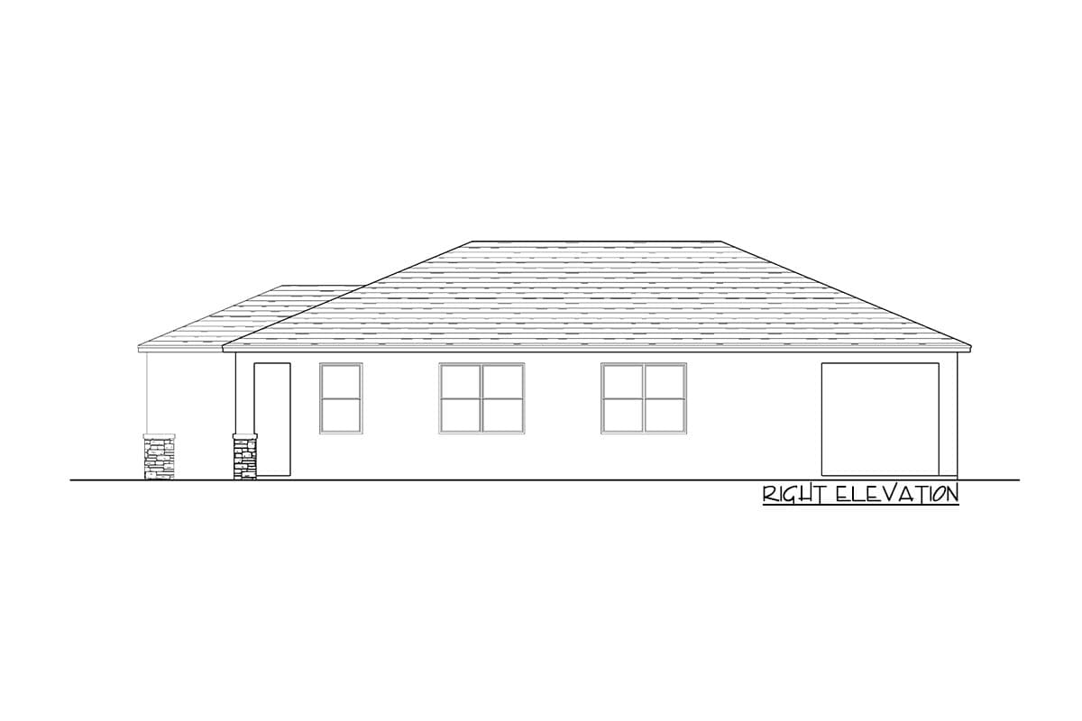 Right elevation drawing of a single-story house plan with a covered porch, three windows, and an attached garage.