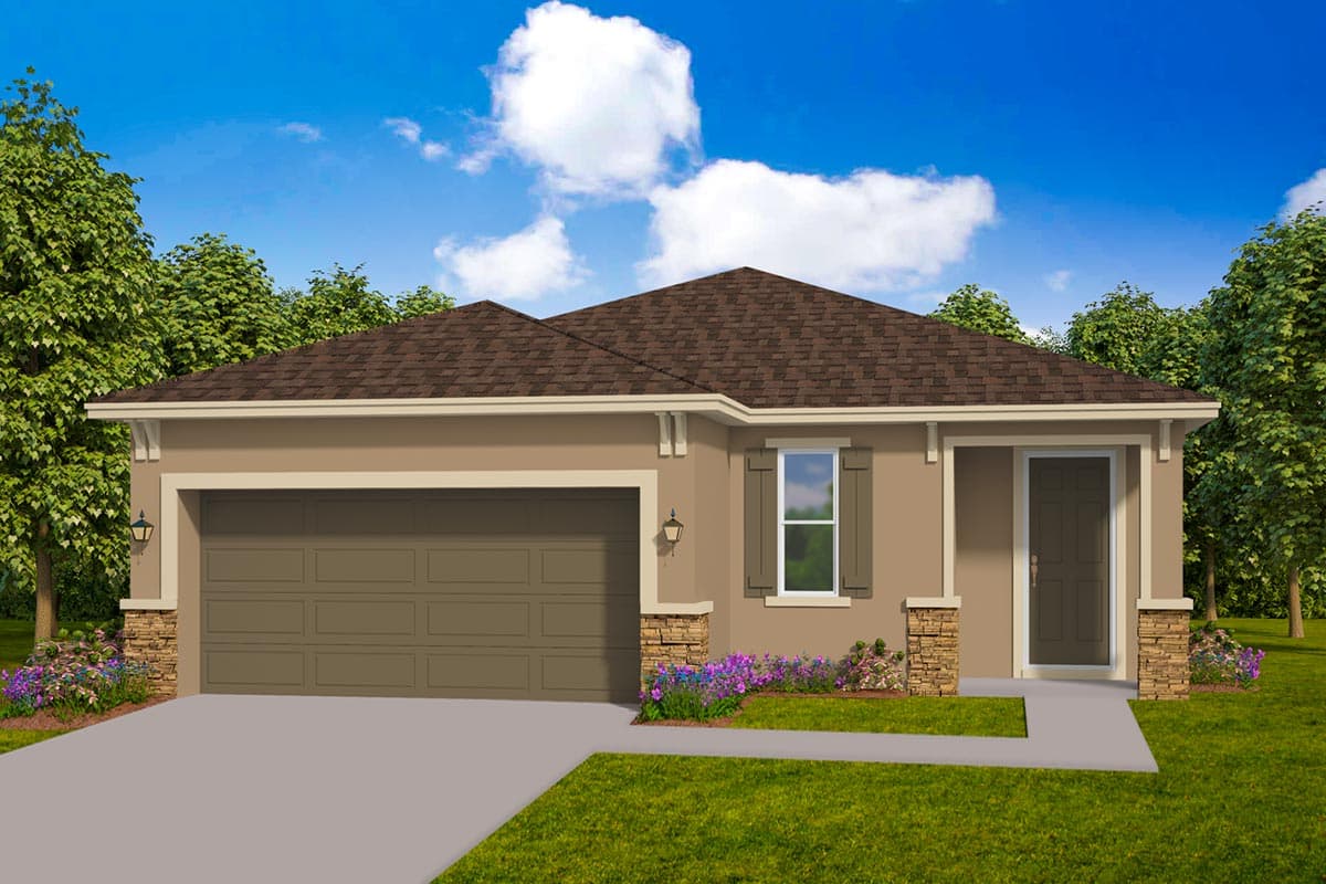 House plan exterior. Single-story home with a hip roof, attached garage, and stone-clad columns at the entry. Featuring decorative shutters.