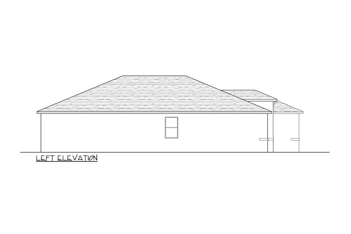 Left elevation house plan drawing showing a single-story structure with a hipped roof and a single window.