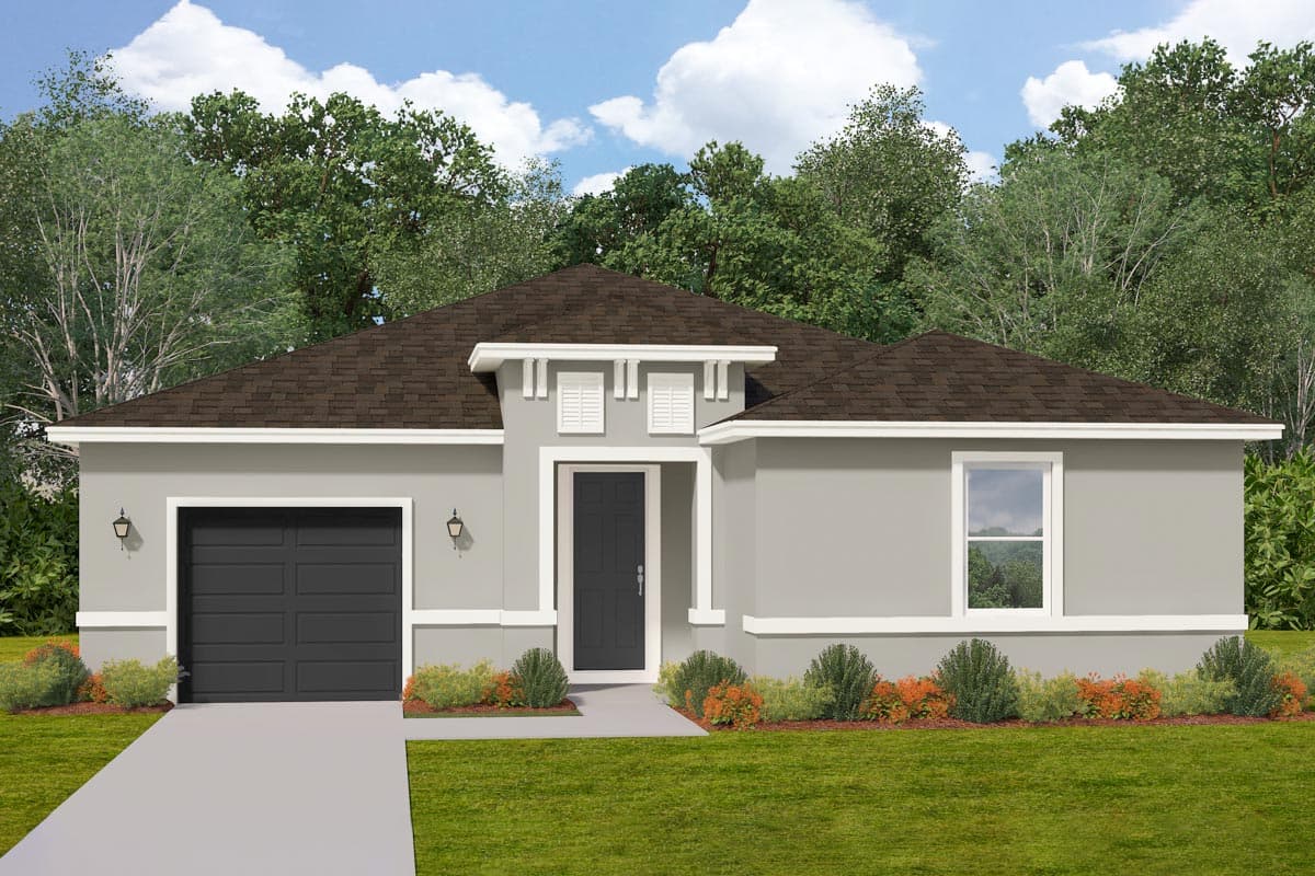 House plan exterior. Single-story with a garage, gabled roof, and decorative trim above the entry door and window.