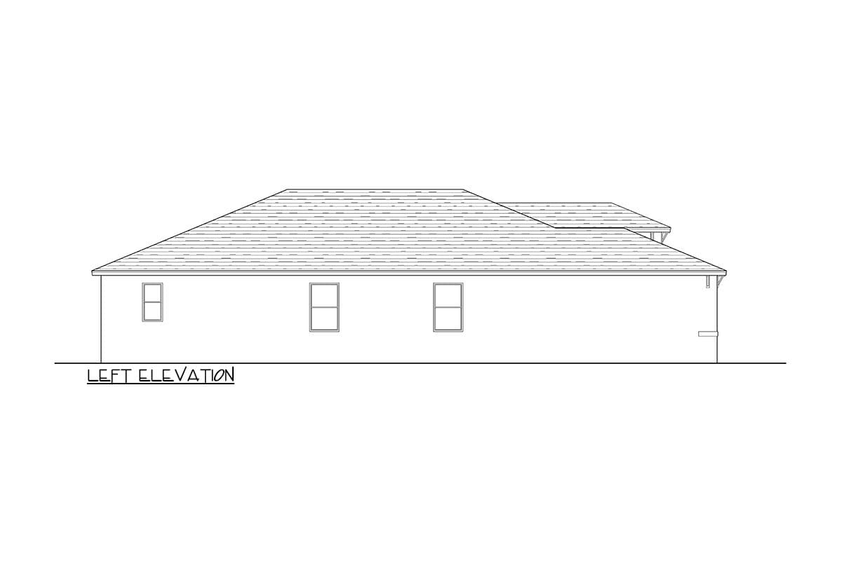 Left elevation drawing of a single-story house plan with a hip roof and three windows.
