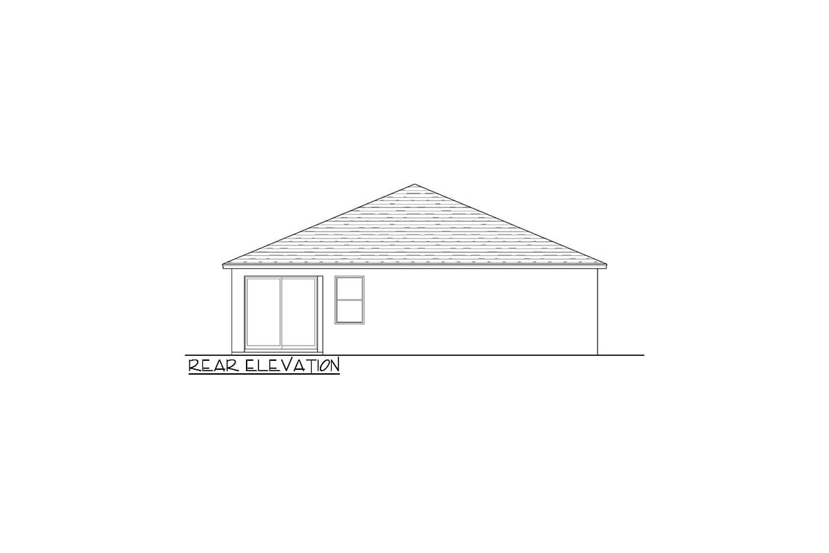 Rear elevation drawing of a house plan featuring a gable roof, sliding glass doors, and a single window.