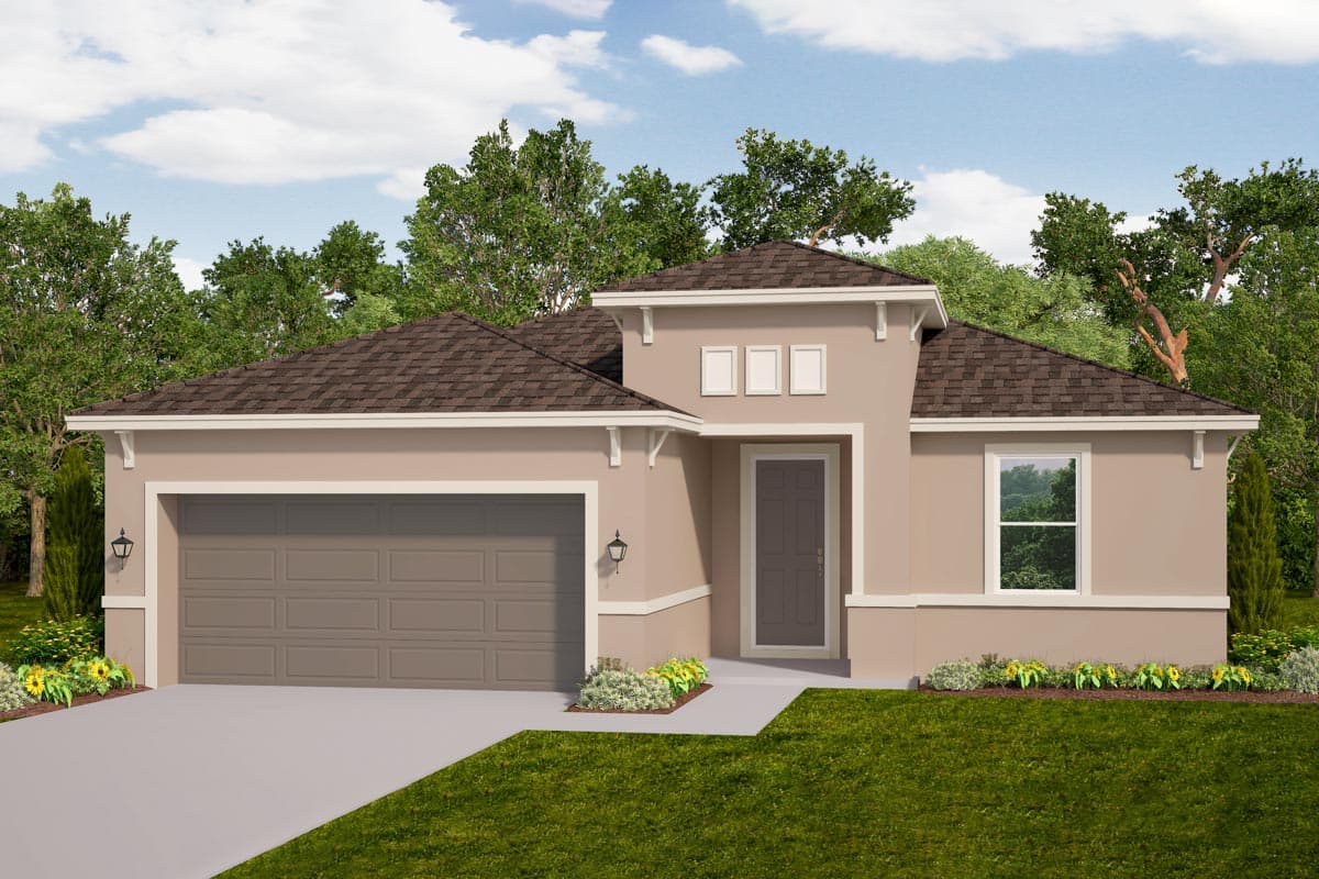 House plan exterior. One-story contemporary design with a hipped roof, attached garage, and decorative rectangular accents above the entry.