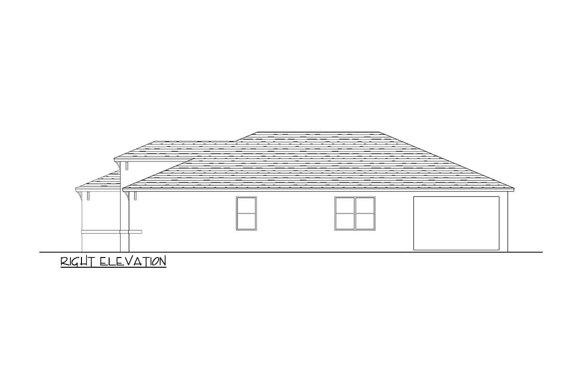 Right elevation drawing of a one-story house plan with a covered porch, two windows, and an attached garage.