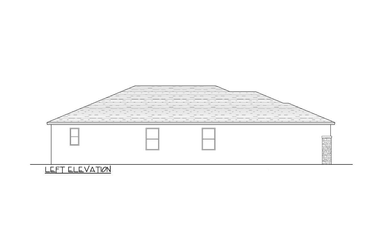 Left elevation house plan showing a single-story structure with hip roof, three windows, and stone column detail.