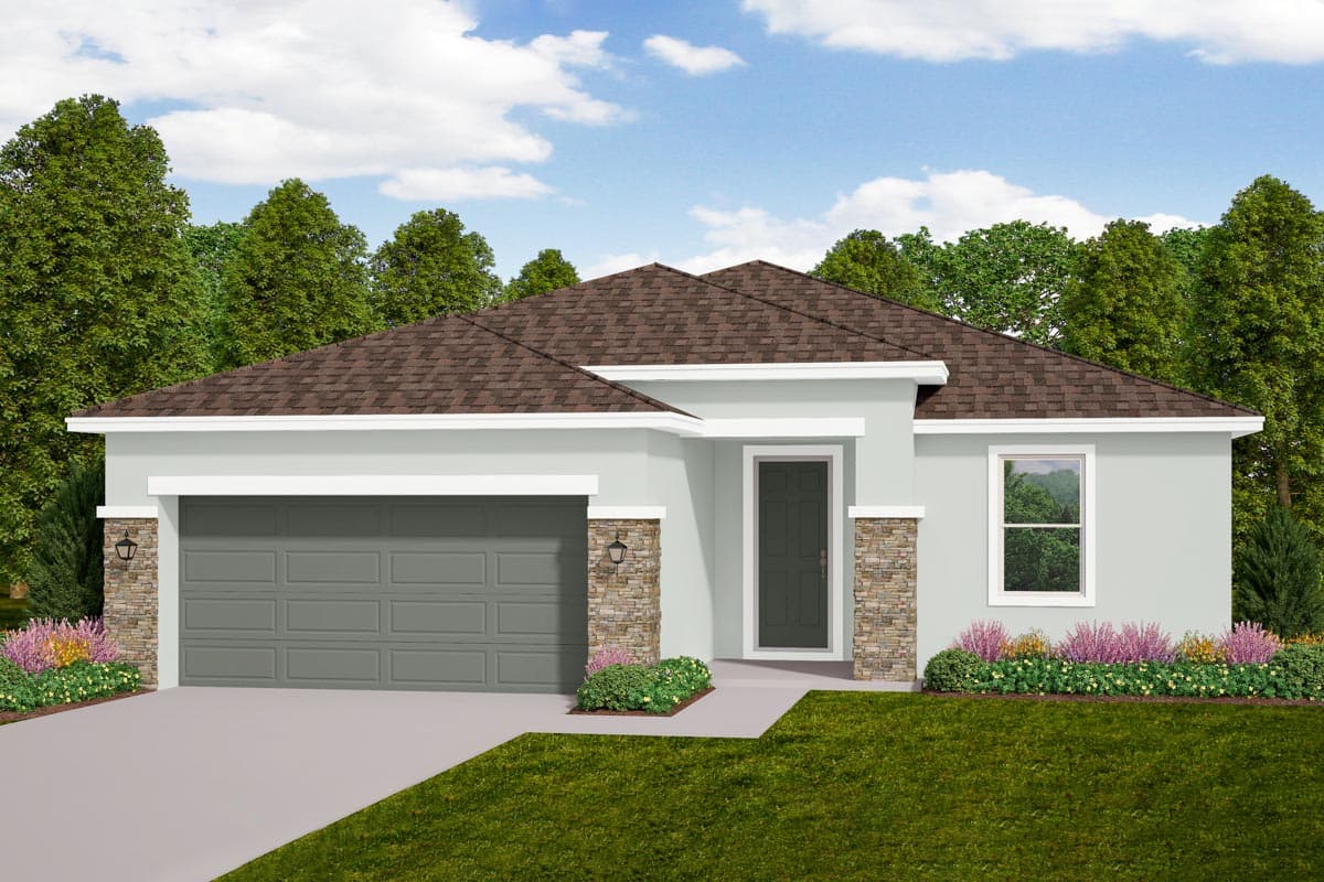 House plan exterior with stone accents, attached garage, and a gable roof. One-story design with a concrete driveway and lush landscaping.