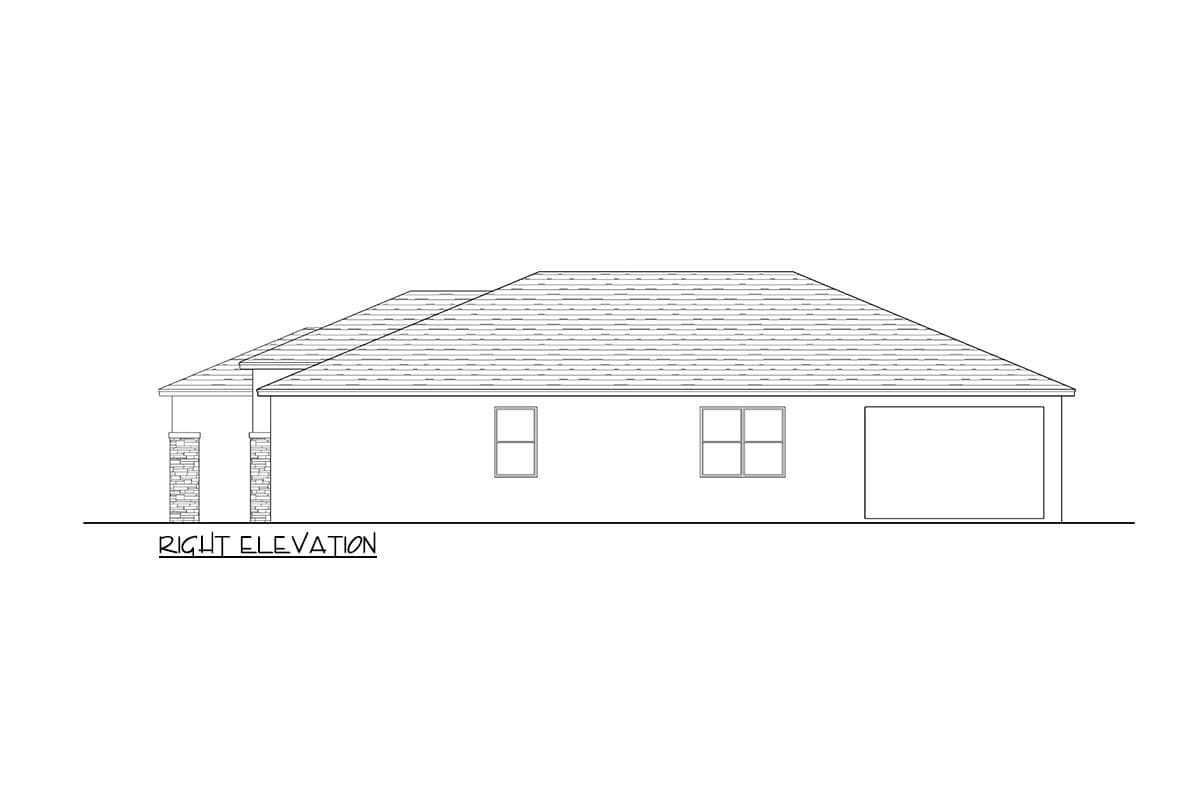 Right elevation drawing of a one-story house plan with a covered entry supported by stone columns and an attached garage.