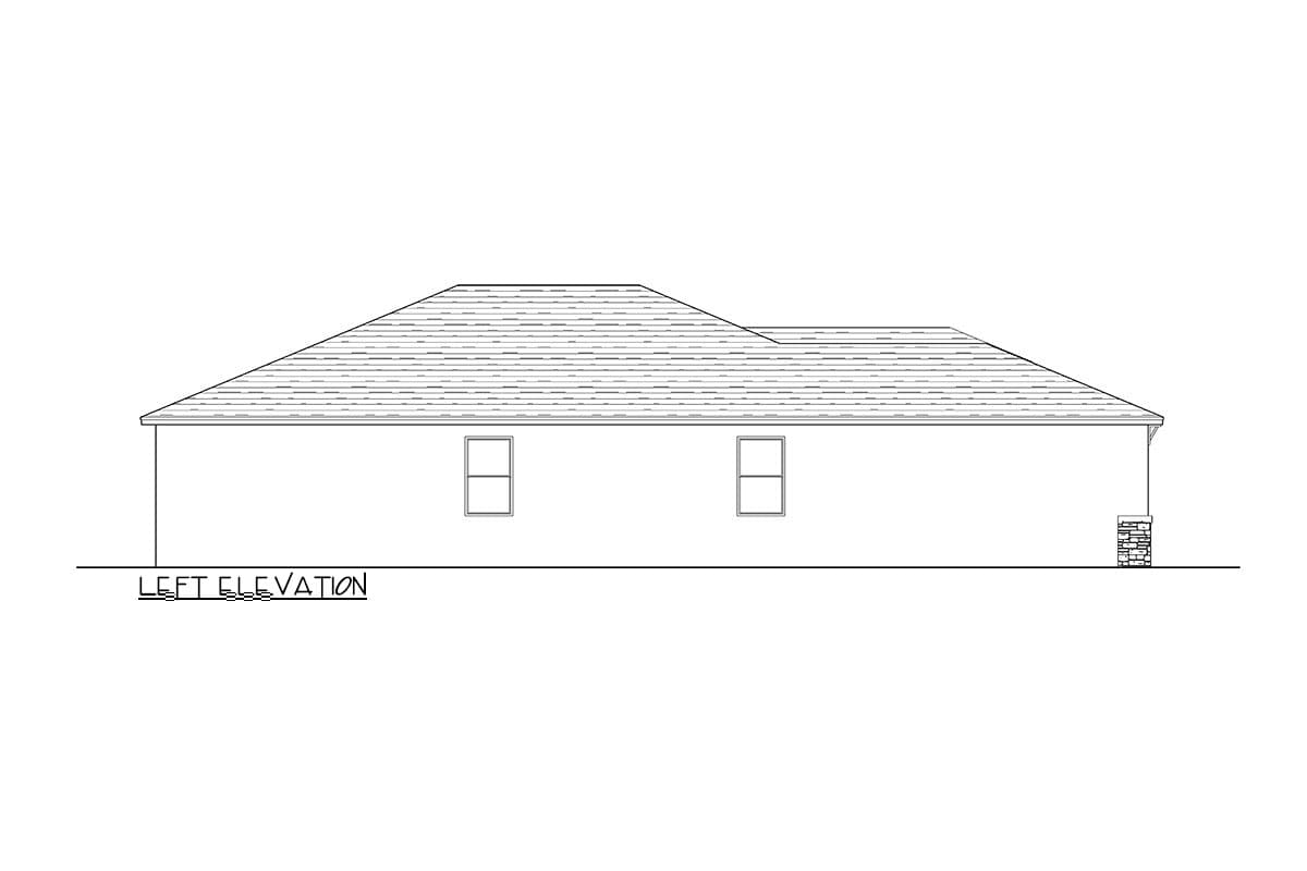 Left elevation drawing of a single-story house with pitched roof, two windows, and stone base detail.
