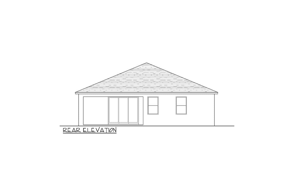 Rear elevation drawing showing a house with a gable roof, sliding glass doors, and two windows.
