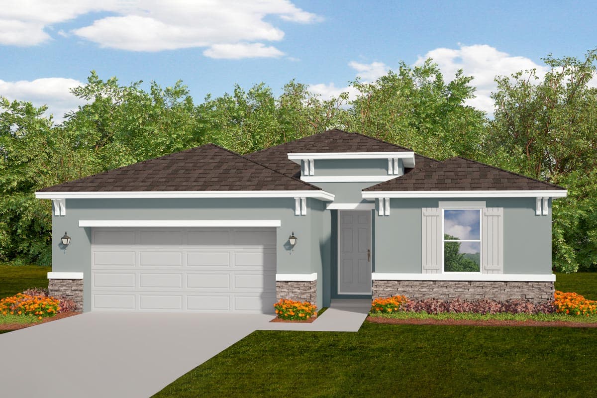 House plan exterior with a single story, a two-car garage, stone facade, and a hipped roof. Features decorative trim and shutters.