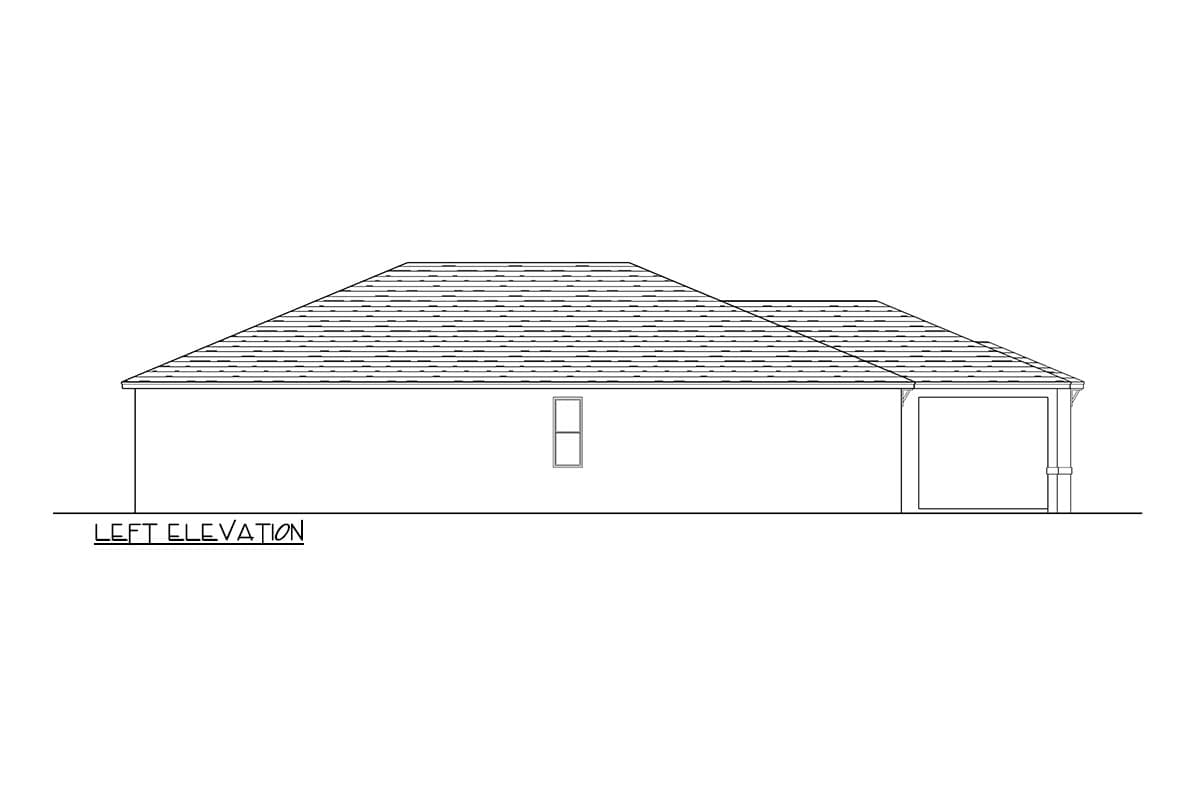 Left elevation drawing of a one-story house plan with a hip roof and attached single-car garage.