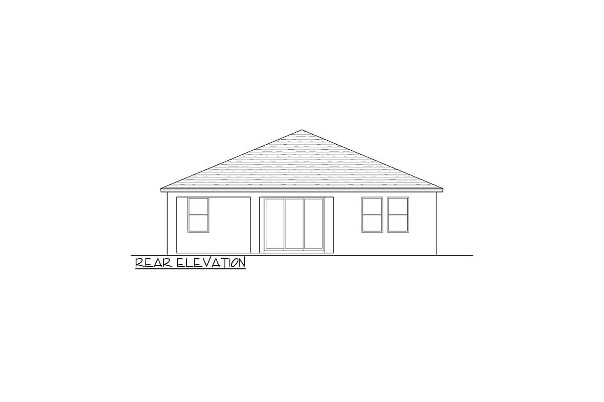 Rear elevation house plan with a pitched roof, three sliding glass doors, and two windows.