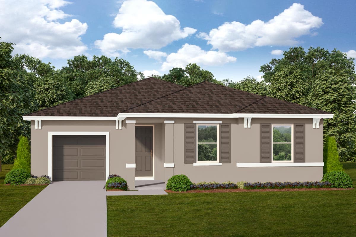 House plan exterior with low-pitched roof, attached garage, and shuttered windows. One-story Ranch-style home.