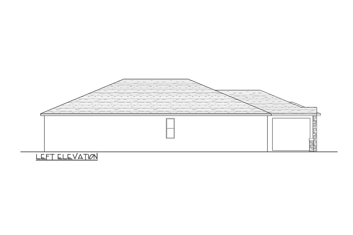 Left elevation of a one-story house plan with a gabled roof, a single window, and an attached garage with stone accents.