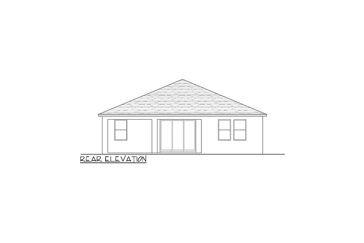 Rear elevation drawing of a single-story house with a gabled roof, sliding doors, and two windows.