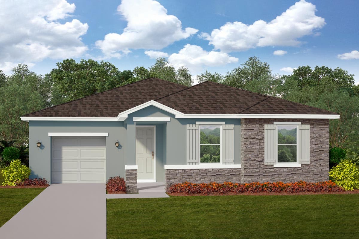 House plan exterior. Single-story home with a hip roof, stone veneer accents, shutters, and an attached two-car garage.