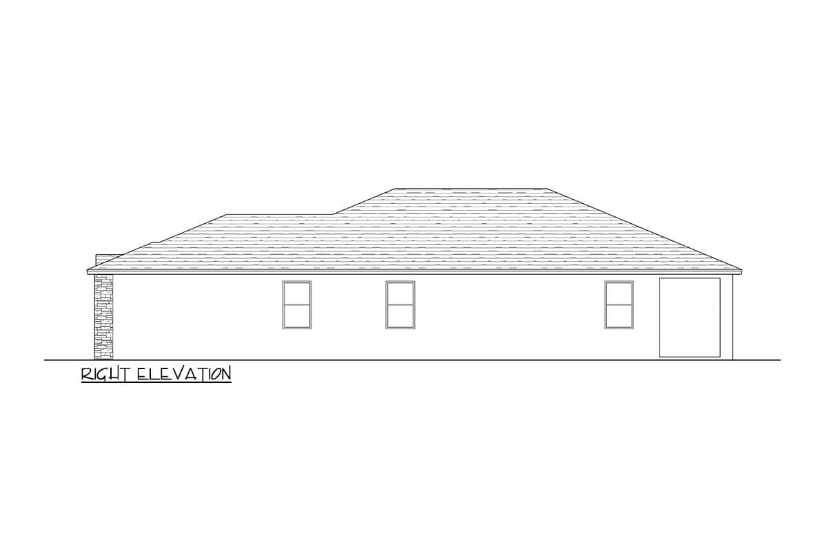 Right elevation house plan with stone accent, three windows, and a garage.