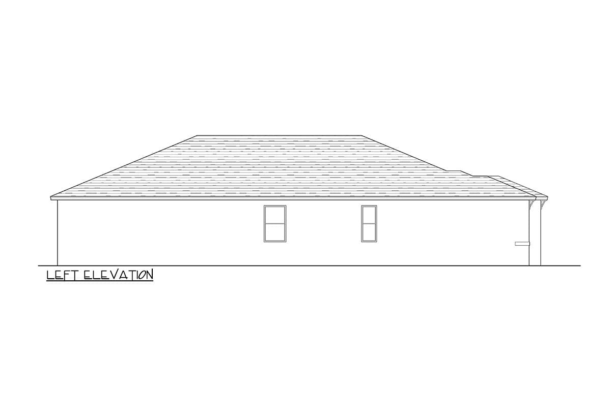 Left elevation drawing of a single-story house plan featuring a hip roof, two windows, and a covered eave.