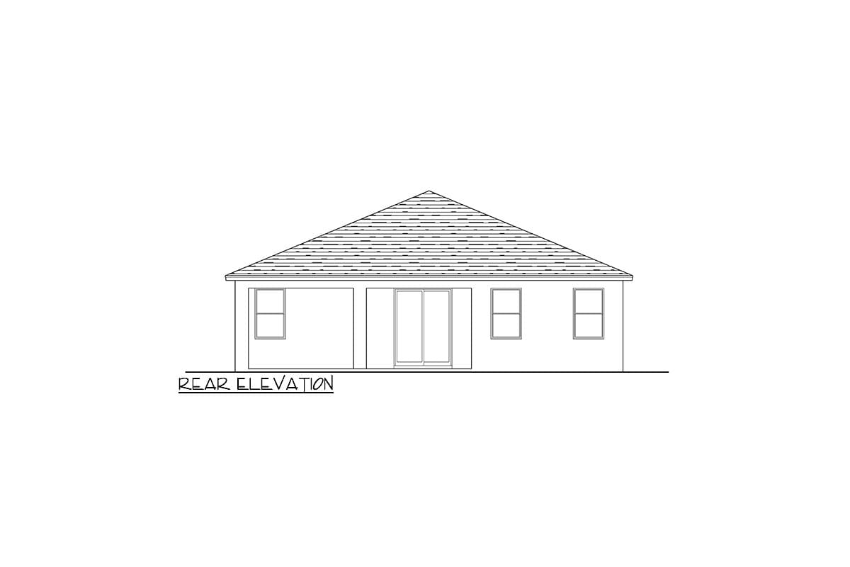 Rear elevation drawing of a one-story house plan with a hipped roof, two windows, and sliding glass doors.