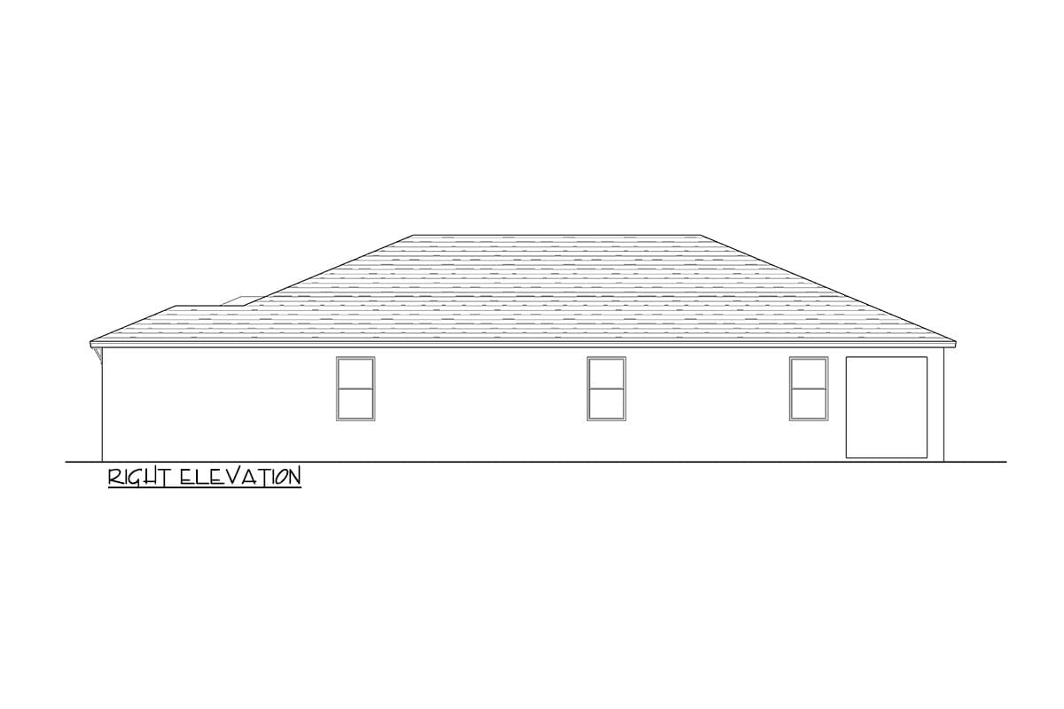 Right elevation drawing of a single-story house plan with three windows and an attached garage.
