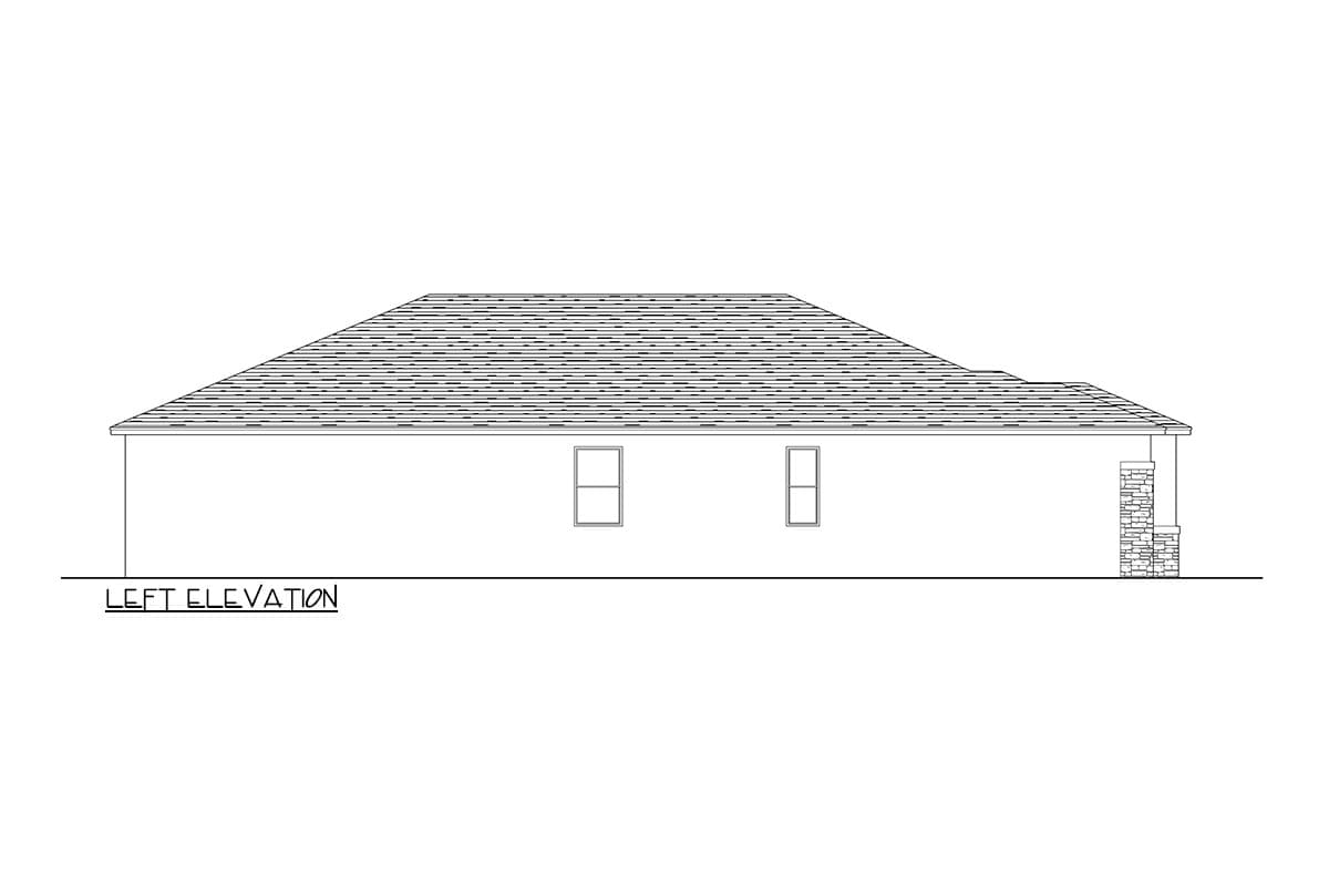 Left elevation of a one-story house plan with two windows and a stone-accented porch column.